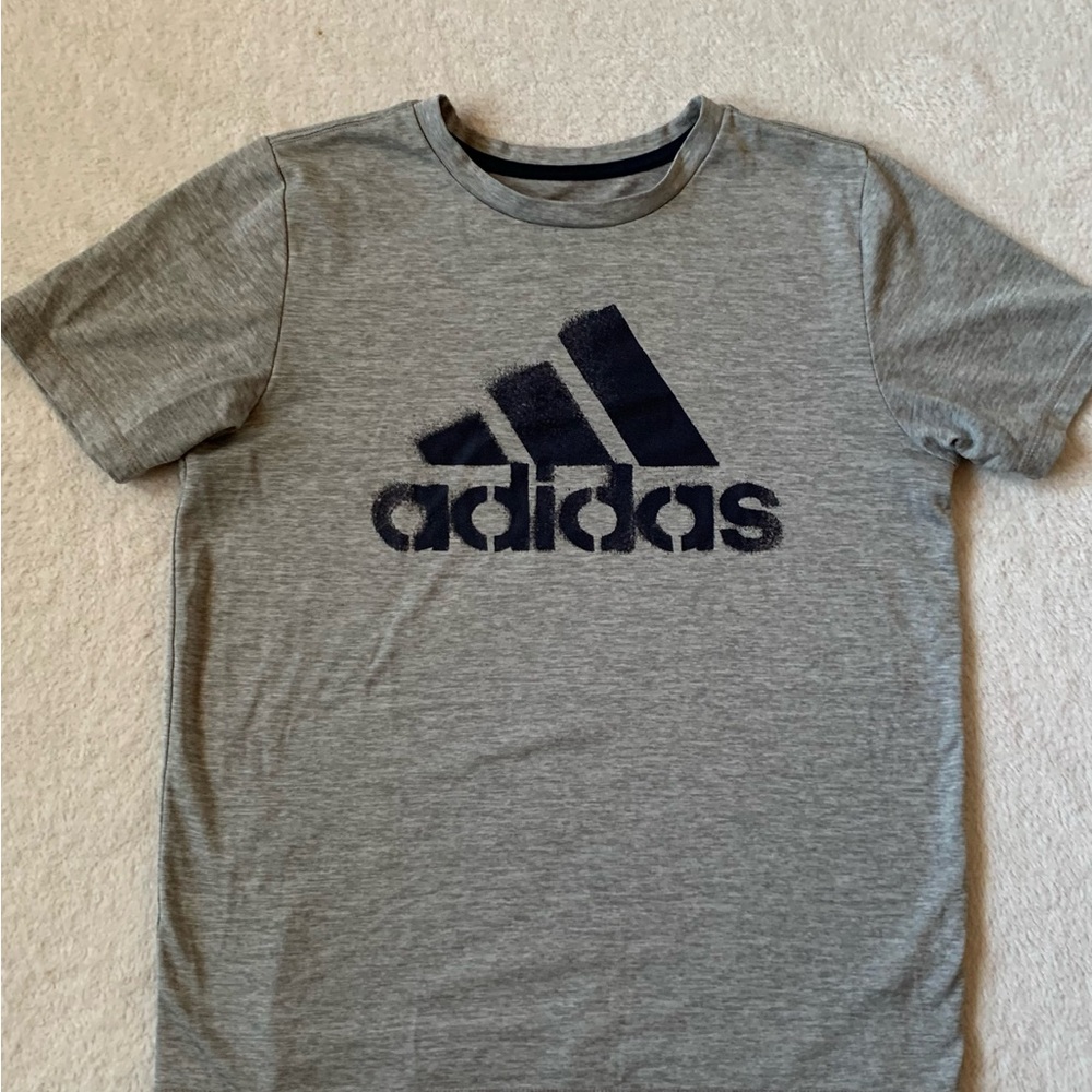 Adidas Boy’s  Gray Tee with Navy Logo - Short Sleeve Kids Shirt Youth Medium